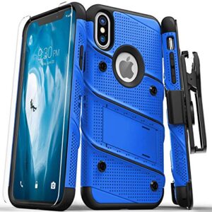 zizo bolt series compatible with iphone x case military grade drop tested with screen protector, kickstand and holster iphone xs blue black