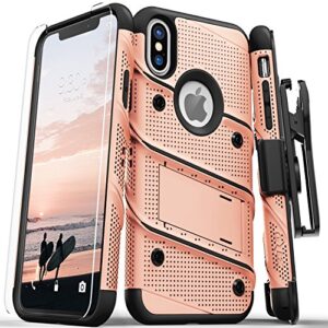 zizo bolt series compatible with iphone x case military grade drop tested with screen protector, kickstand and holster iphone xs rose gold black