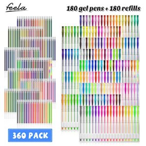 feela 360 Colors Gel Pens Set 180 Unique Gel Pen Plus 180 Refills for Adult Coloring Books Drawing