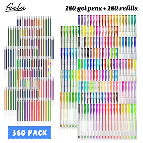 feela 360 Colors Gel Pens Set 180 Unique Gel Pen Plus 180 Refills for Adult Coloring Books Drawing