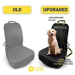 5 STARS UNITED Front Seat Dog Cover for Car - Durable Black Waterproof Protector Against Dirt, Mud & Fur - Scratch Proof Non-Slip Padded Quilted Front Seat Covers for Dog for Cars, Trucks & SUV