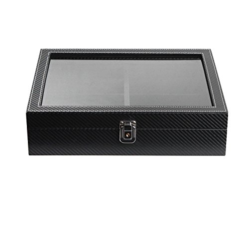 JackCubeDesign 8 Compartments Leather Eyeglass Display Organizer, Sunglass Storage Case Box Tray with Acrylic Cover (Carbon Design Black) - MK379A