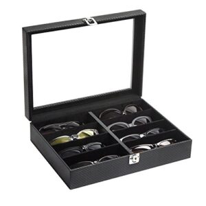jackcubedesign 8 compartments leather eyeglass display organizer, sunglass storage case box tray with acrylic cover (carbon design black) - mk379a