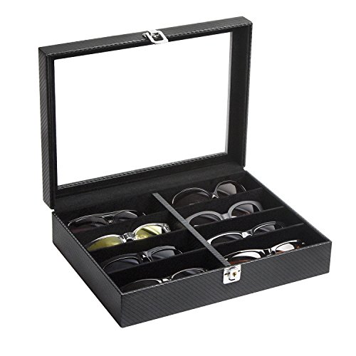 JackCubeDesign 8 Compartments Leather Eyeglass Display Organizer, Sunglass Storage Case Box Tray with Acrylic Cover (Carbon Design Black) - MK379A