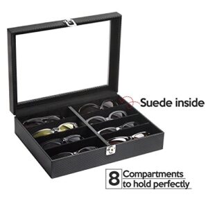 JackCubeDesign 8 Compartments Leather Eyeglass Display Organizer, Sunglass Storage Case Box Tray with Acrylic Cover (Carbon Design Black) - MK379A