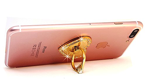 Universal Smartphone Gold Heart Finger Ring Stand, Rhinestone Crystal Bling Diamond 360° Rotation Cell Phone Stent Holder Grip Kickstand Compatible with iPhone 7 7 Plus iPhone 8 8 Plus