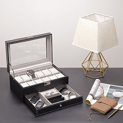 JS NOVA JUNS Watch Box, 12 Slots PU Leather Case Organizer with Jewelry Drawer for Storage and Display