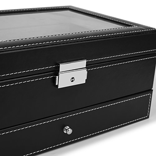 JS NOVA JUNS Watch Box, 12 Slots PU Leather Case Organizer with Jewelry Drawer for Storage and Display