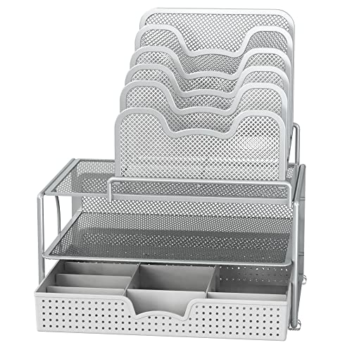 Simple Houseware Mesh Desk Organizer with Sliding Drawer, Double Tray and 5 Stacking Sorter Sections, Silver