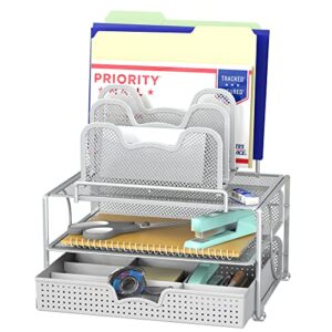 simple houseware mesh desk organizer with sliding drawer, double tray and 5 stacking sorter sections, silver