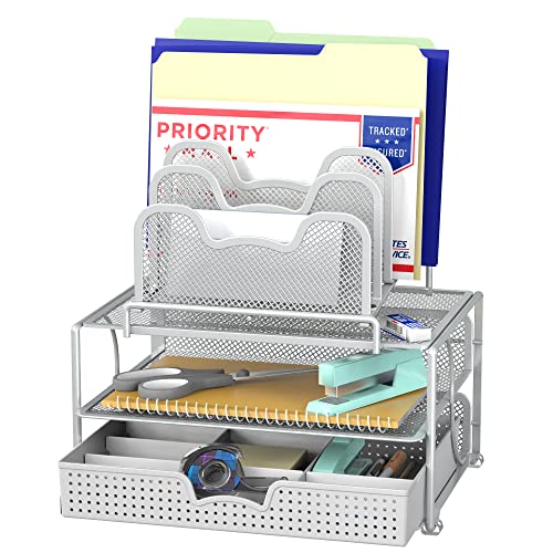 Simple Houseware Mesh Desk Organizer with Sliding Drawer, Double Tray and 5 Stacking Sorter Sections, Silver