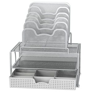 Simple Houseware Mesh Desk Organizer with Sliding Drawer, Double Tray and 5 Stacking Sorter Sections, Silver