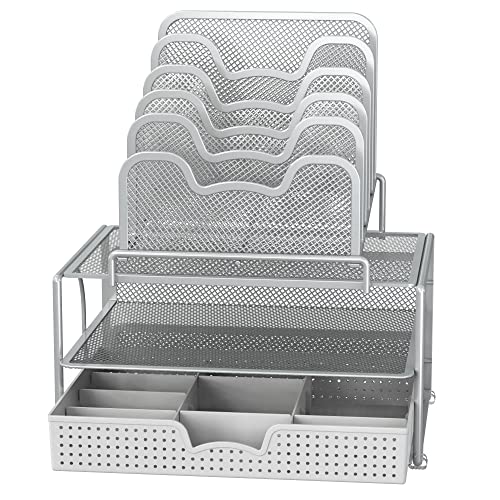 Simple Houseware Mesh Desk Organizer with Sliding Drawer, Double Tray and 5 Stacking Sorter Sections, Silver