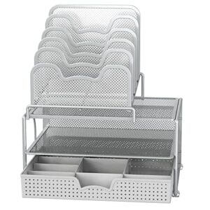 Simple Houseware Mesh Desk Organizer with Sliding Drawer, Double Tray and 5 Stacking Sorter Sections, Silver