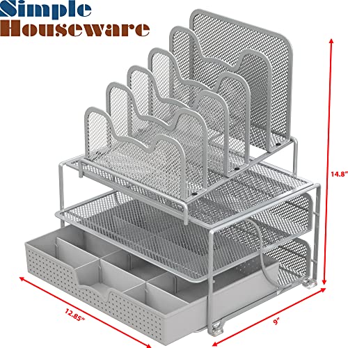 Simple Houseware Mesh Desk Organizer with Sliding Drawer, Double Tray and 5 Stacking Sorter Sections, Silver