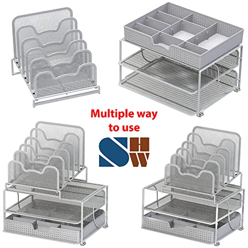 Simple Houseware Mesh Desk Organizer with Sliding Drawer, Double Tray and 5 Stacking Sorter Sections, Silver