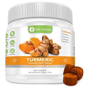 vet-virtue turmeric for dogs - organic turmeric with curcumin, hip and joint supplement dogs soft chew, with collagen and bioprene, high absorption eliminates joint pain inflammation - 60 count