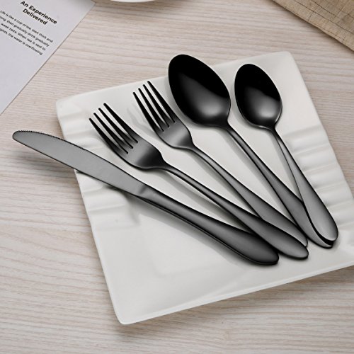 Titanium Black Plated Stainless Steel Flatware Set 20 Piece, Black Flatware Set, Black Silverware Set Service for 4 (Shiny Black)