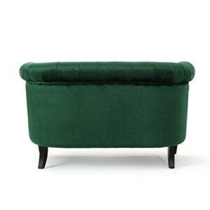 Great Deal Furniture Melaina Tufted Chesterfield Velvet Loveseat with Scrolled Arms, Emerald and Dark Brown