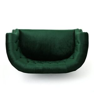 Great Deal Furniture Melaina Tufted Chesterfield Velvet Loveseat with Scrolled Arms, Emerald and Dark Brown