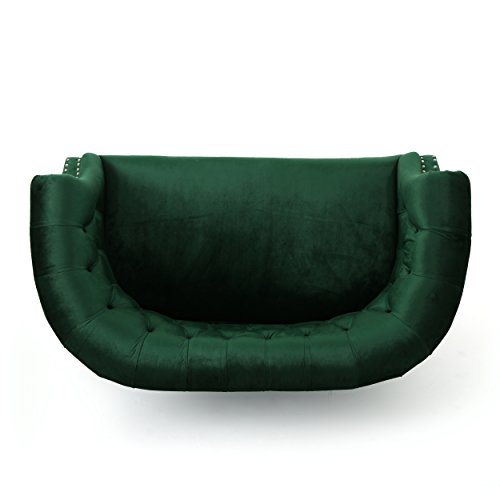 Great Deal Furniture Melaina Tufted Chesterfield Velvet Loveseat with Scrolled Arms, Emerald and Dark Brown