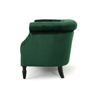 Great Deal Furniture Melaina Tufted Chesterfield Velvet Loveseat with Scrolled Arms, Emerald and Dark Brown
