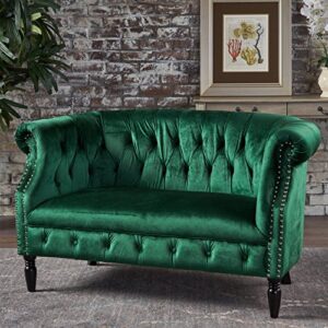 Great Deal Furniture Melaina Tufted Chesterfield Velvet Loveseat with Scrolled Arms, Emerald and Dark Brown