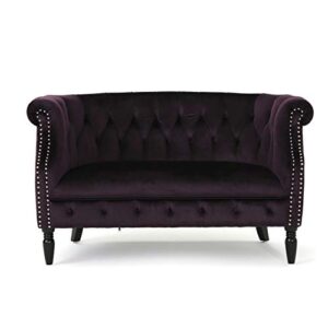 gdfstudio melaina tufted chesterfield velvet loveseat with scrolled arms, blackberry and dark brown