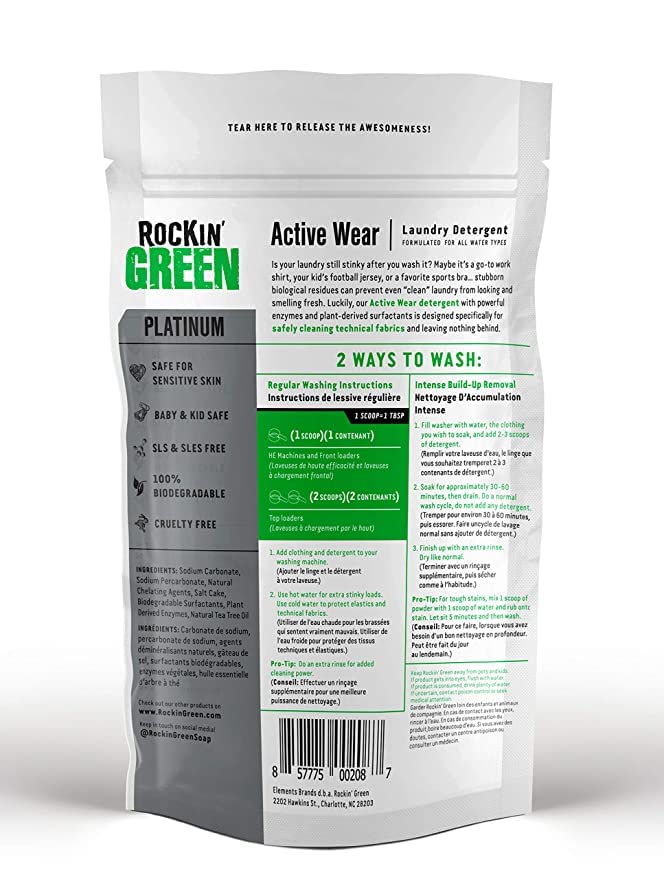 Rockin' Green Active Wear Detergent (90 Loads), Plant based, All Natural Laundry Detergent Powder, Vegan and Biodegradable Odor Fighter, Safe for Sensitive Skin, 45 oz (Unscented)