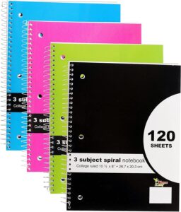 4-pack 10½" x 8" 3 subject spiral notebook, college ruled, 120 sheets per