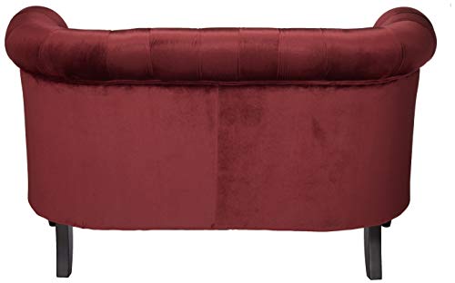 Great Deal Furniture Melaina Tufted Chesterfield Velvet Loveseat with Scrolled Arms, Garnet and Dark Brown