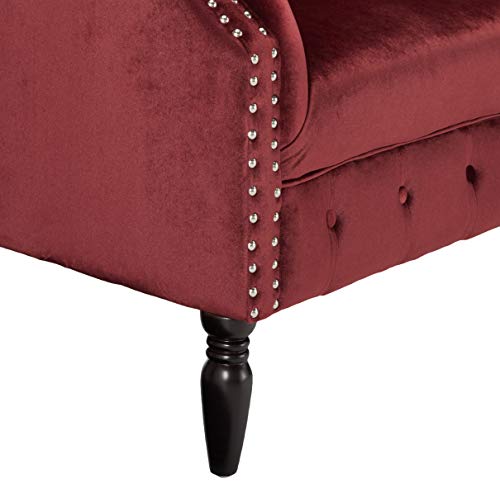 Great Deal Furniture Melaina Tufted Chesterfield Velvet Loveseat with Scrolled Arms, Garnet and Dark Brown