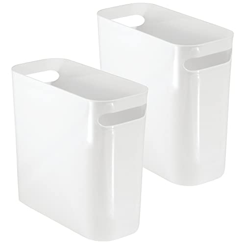 mDesign Plastic Small Trash Can, 1.5 Gallon/5.7-Liter Wastebasket, Narrow Garbage Bin with Handles for Bathroom, Laundry, Home Office - Holds Waste, Recycling, 10" High, Aura Collection, 2 Pack, White