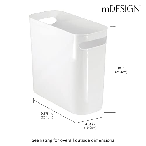 mDesign Plastic Small Trash Can, 1.5 Gallon/5.7-Liter Wastebasket, Narrow Garbage Bin with Handles for Bathroom, Laundry, Home Office - Holds Waste, Recycling, 10" High, Aura Collection, 2 Pack, White