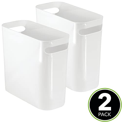 mDesign Plastic Small Trash Can, 1.5 Gallon/5.7-Liter Wastebasket, Narrow Garbage Bin with Handles for Bathroom, Laundry, Home Office - Holds Waste, Recycling, 10" High, Aura Collection, 2 Pack, White