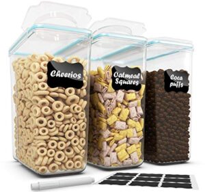 top quality cereal container storage set 3 pc -135.2oz + 18 labels & pen - airtight dry food keepers - great for cereal, flour, sugar - bpa free dispenser - shazo …