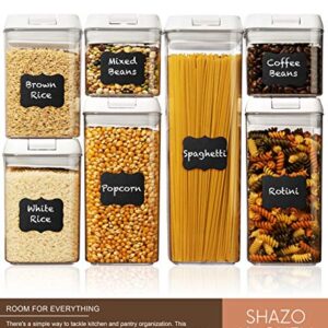 Shazo Airtight Food Storage Containers 7 Piece Set, Pantry Organizer BPA Free Plastic Flour, Pasta Containers with Easy Lock Lids for Kitchen Pantry Organization and Storage Includes Labels & Marker