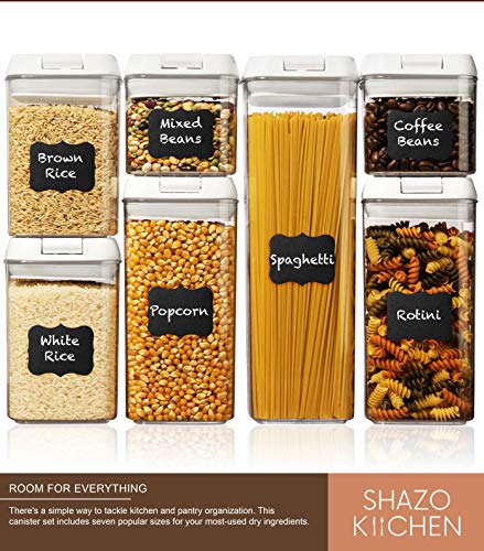 Shazo Airtight Food Storage Containers 7 Piece Set, Pantry Organizer BPA Free Plastic Flour, Pasta Containers with Easy Lock Lids for Kitchen Pantry Organization and Storage Includes Labels & Marker