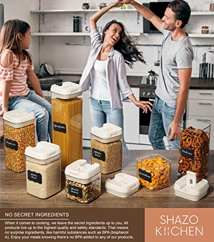 Shazo Airtight Food Storage Containers 7 Piece Set, Pantry Organizer BPA Free Plastic Flour, Pasta Containers with Easy Lock Lids for Kitchen Pantry Organization and Storage Includes Labels & Marker