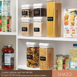 Shazo Airtight Food Storage Containers 7 Piece Set, Pantry Organizer BPA Free Plastic Flour, Pasta Containers with Easy Lock Lids for Kitchen Pantry Organization and Storage Includes Labels & Marker