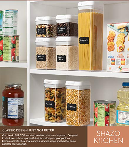 Shazo Airtight Food Storage Containers 7 Piece Set, Pantry Organizer BPA Free Plastic Flour, Pasta Containers with Easy Lock Lids for Kitchen Pantry Organization and Storage Includes Labels & Marker