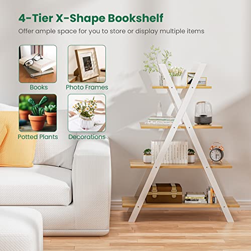 Giantex 4-Tier Bookshelf, 42.5" Tall A-Frame Wooden Ladder Shelf Plant Stand Rack 11 Potted Flower Holder, Easy Assembly X-Shape Freestanding Open Display Storage Shelving Bookcase