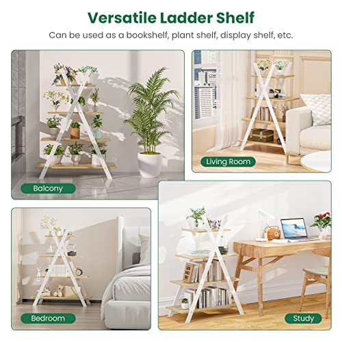 Giantex 4-Tier Bookshelf, 42.5" Tall A-Frame Wooden Ladder Shelf Plant Stand Rack 11 Potted Flower Holder, Easy Assembly X-Shape Freestanding Open Display Storage Shelving Bookcase