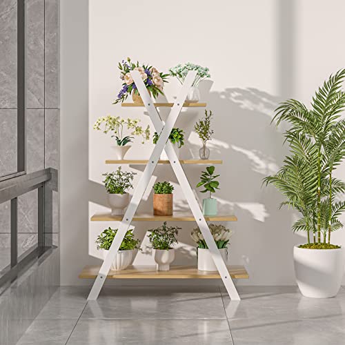 Giantex 4-Tier Bookshelf, 42.5" Tall A-Frame Wooden Ladder Shelf Plant Stand Rack 11 Potted Flower Holder, Easy Assembly X-Shape Freestanding Open Display Storage Shelving Bookcase