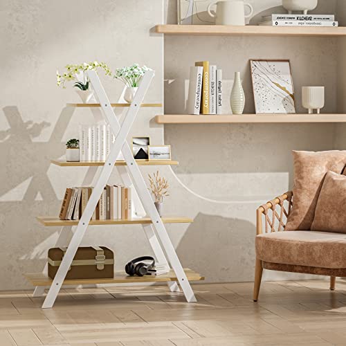 Giantex 4-Tier Bookshelf, 42.5" Tall A-Frame Wooden Ladder Shelf Plant Stand Rack 11 Potted Flower Holder, Easy Assembly X-Shape Freestanding Open Display Storage Shelving Bookcase