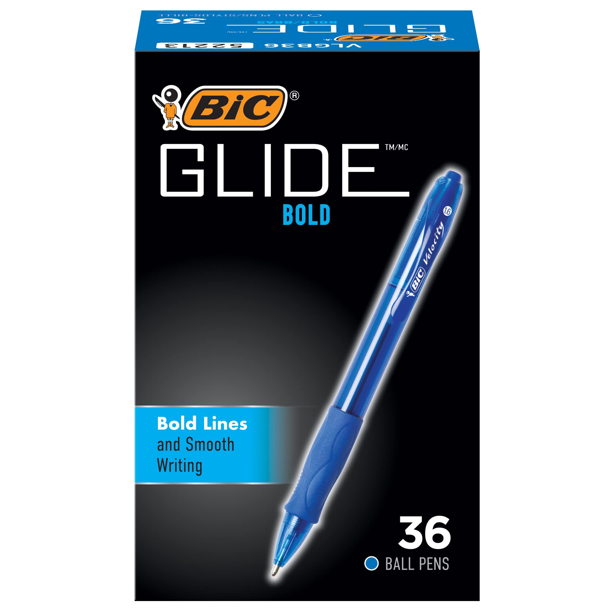 BIC Glide Velocity Bold Ballpoint Pens, Bold Point (1.6 mm), Blue Ink Pens, Translucent Barrel, 36-Count Pack (VLGB361-BLU)