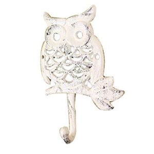 Handcrafted Nautical Decor Whitewashed Cast Iron Owl Hook 6" - Rustic Wall Hook - Owl Decoration for Home