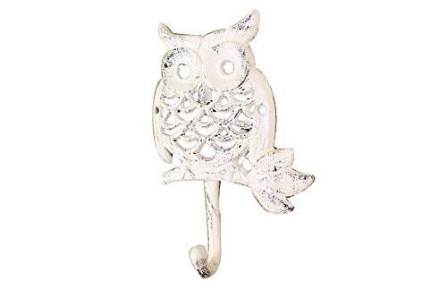 Handcrafted Nautical Decor Whitewashed Cast Iron Owl Hook 6" - Rustic Wall Hook - Owl Decoration for Home