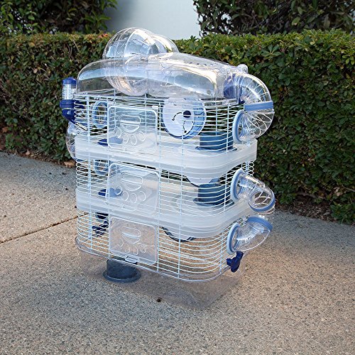 Acrylic Clear 3-Floor Levels Habitat Hamster Home Rodent Gerbil Mouse Mice Cage with Large 6" Diameter Running Ball On Top (Blue)