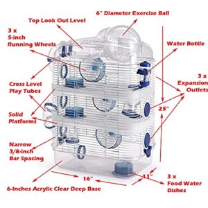 Acrylic Clear 3-Floor Levels Habitat Hamster Home Rodent Gerbil Mouse Mice Cage with Large 6" Diameter Running Ball On Top (Blue)